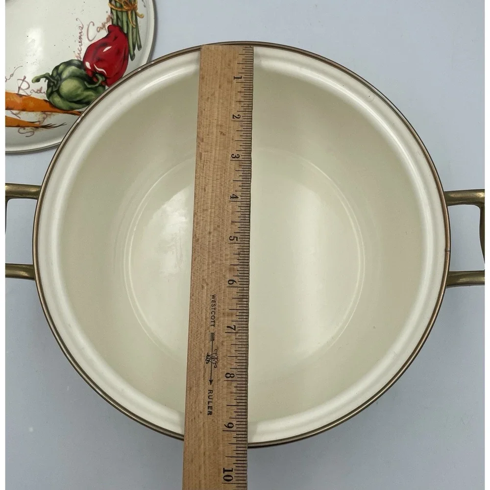 Vtg 3 Qt Farmers Market Enamel Ware Casserole Pot Brass Handles Vegetable Motif